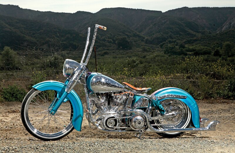 Custom Chopper Motorcycle — Blue, Serene, Afternoon, Photograph