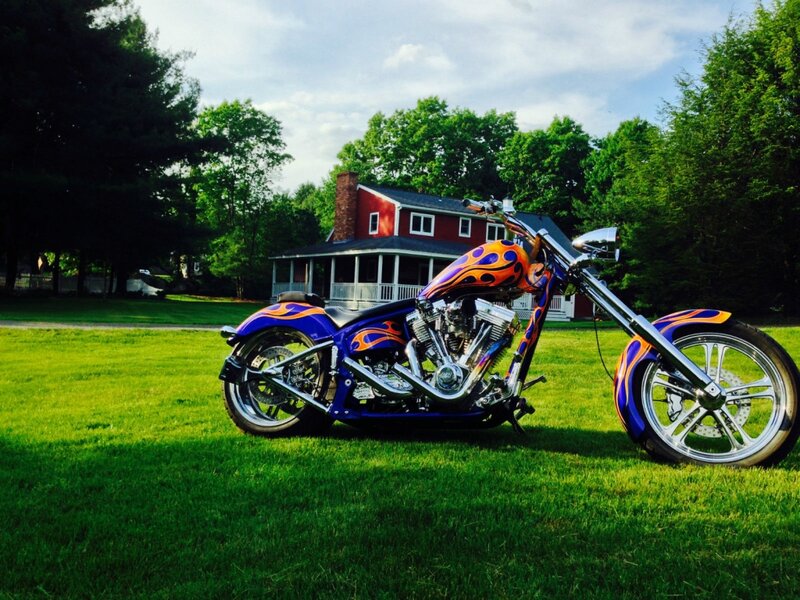 Custom Chopper Motorcycle — Blue, Serene, Afternoon