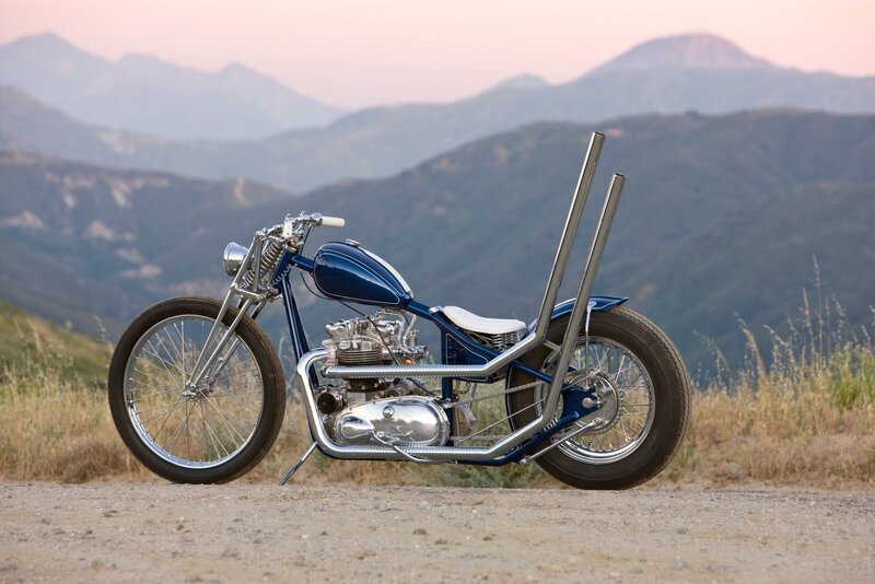 Custom Chopper Motorcycle — Blue, Serene, Sunset