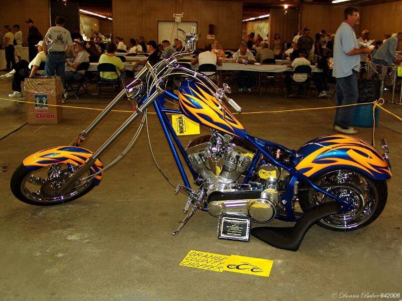 Custom Chopper Motorcycle — Blue, Showroom, Photograph