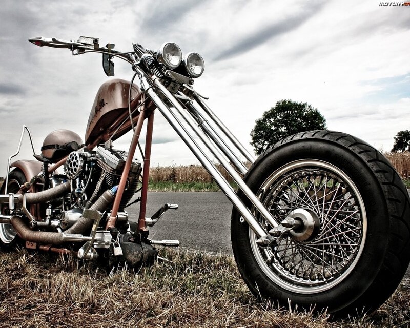 Custom Chopper Motorcycle — Brown, Dramatic, Afternoon, Photograph, Helmet