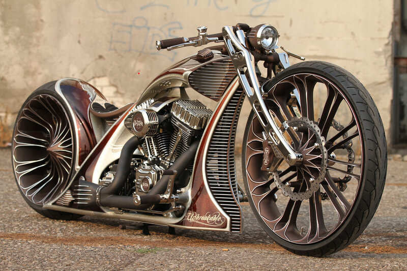 Custom Chopper Motorcycle — Brown, Dramatic, Afternoon