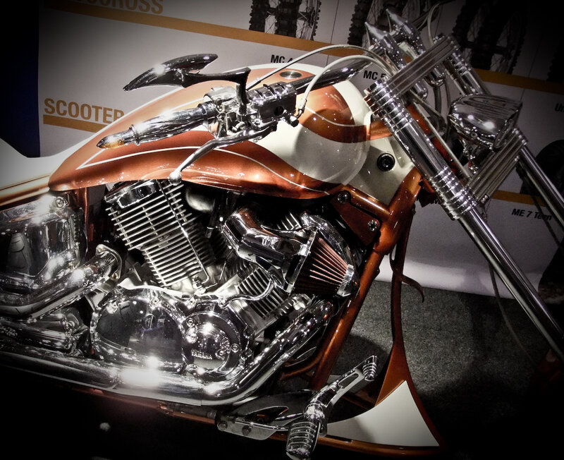 Custom Chopper Motorcycle — Brown, Dramatic, Photograph, Engine