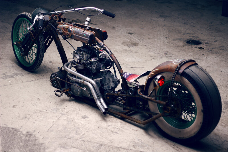 Custom Chopper Motorcycle — Brown, Dramatic, Photograph