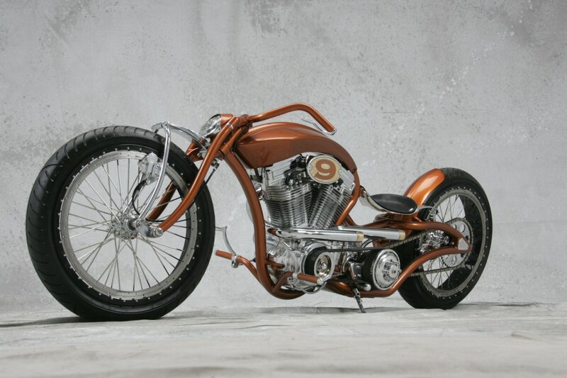 Custom Chopper Motorcycle — Brown, Neutral, Photograph, Engine