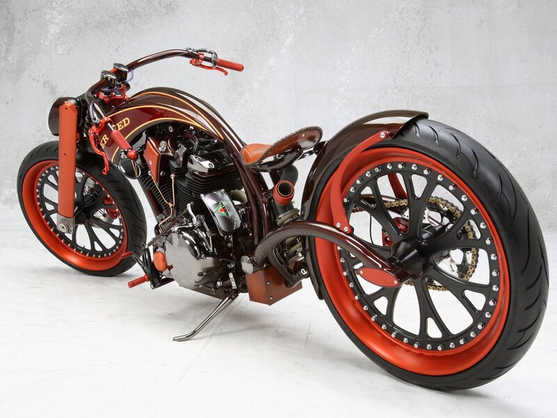 Custom Chopper Motorcycle — Brown, Neutral, Photograph, Engine, Wheels, Seat