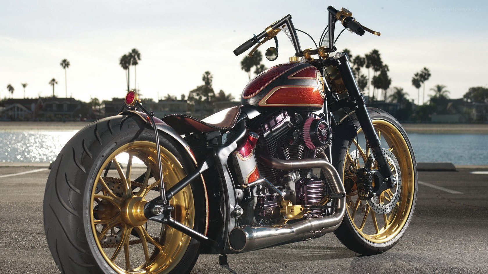 custom chopper motorcycle by water