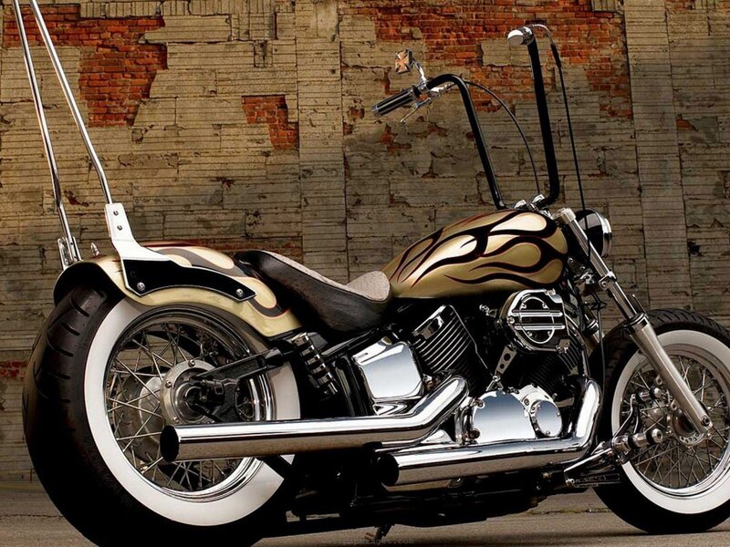 Custom Chopper Motorcycle — Gold, Dramatic, Afternoon
