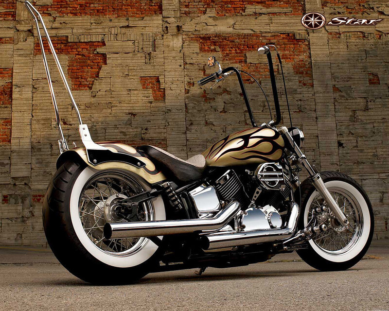 Custom Chopper Motorcycle — Gold, Dramatic, Photograph, Brick Wall