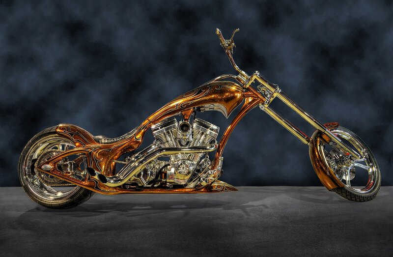 Custom Chopper Motorcycle — Gold, Dramatic, Photograph, Engine, Chrome