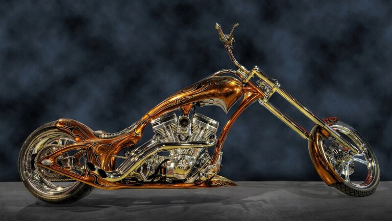 Custom Chopper Motorcycle — Gold, Dramatic, Photograph, Engine