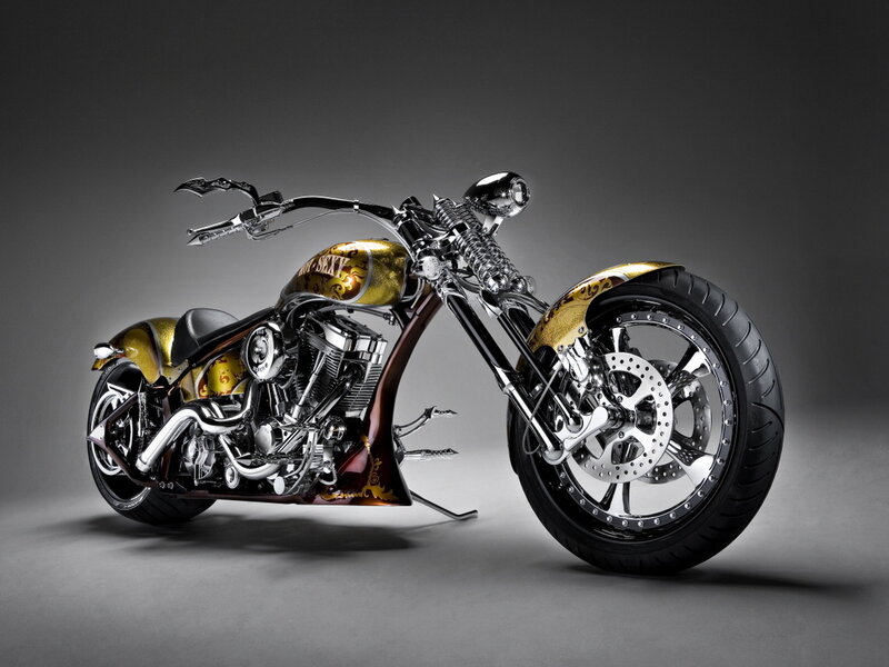 Custom Chopper Motorcycle — Gold, Dramatic, Photograph