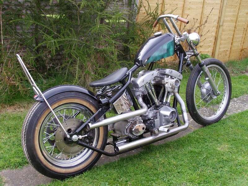 Custom Chopper Motorcycle — Green, Calm, Afternoon, Photograph, Grass