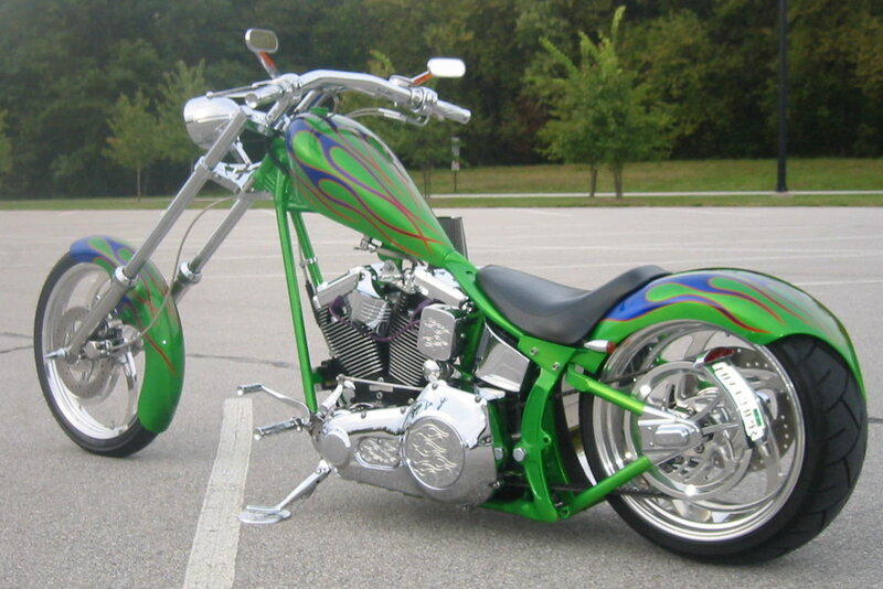 Custom Chopper Motorcycle — Green, Calm, Afternoon, Photograph, Parking Lot