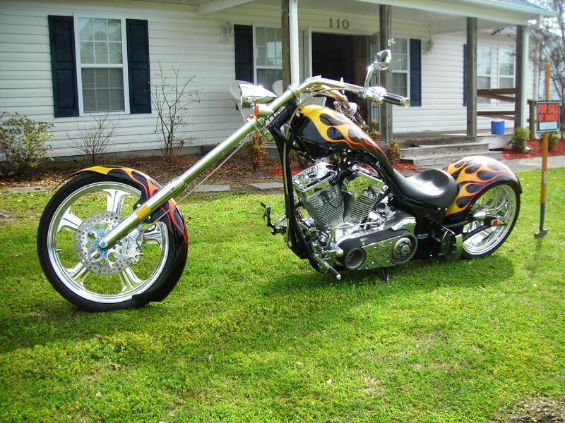 Custom Chopper Motorcycle — Green, Calm, Afternoon, Photograph