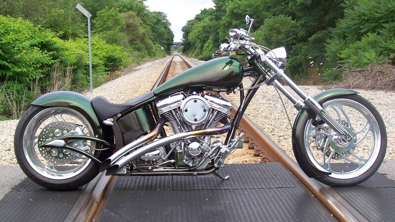 Custom Chopper Motorcycle — Green, Calm, Afternoon