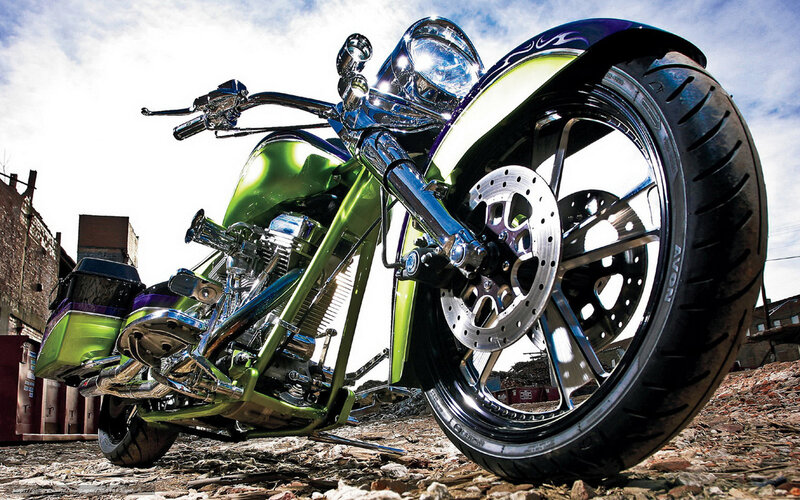 Custom Chopper Motorcycle — Green, Dramatic, Afternoon, Photograph