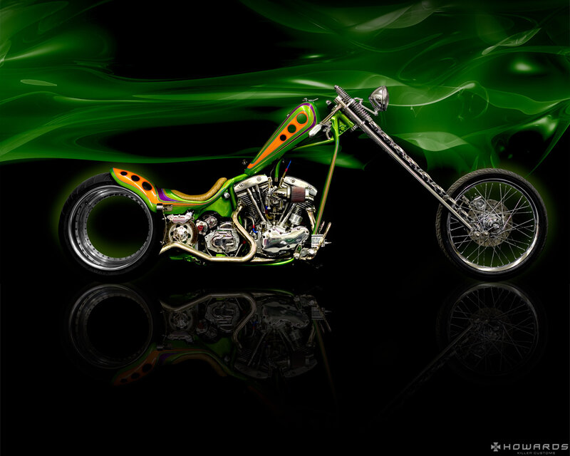 Custom Chopper Motorcycle — Green, Dramatic, Digital Art