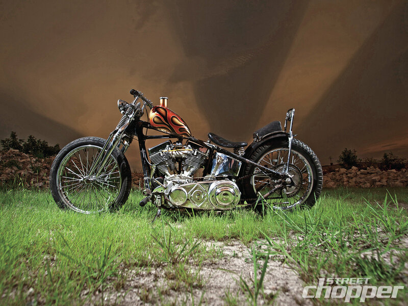 Custom Chopper Motorcycle — Green, Dramatic, Sunset