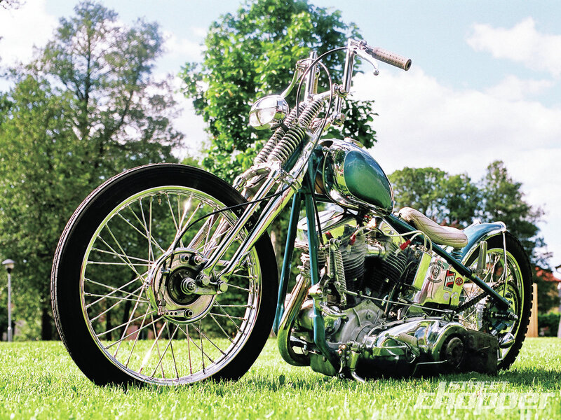 Custom Chopper Motorcycle — Green, Serene, Afternoon