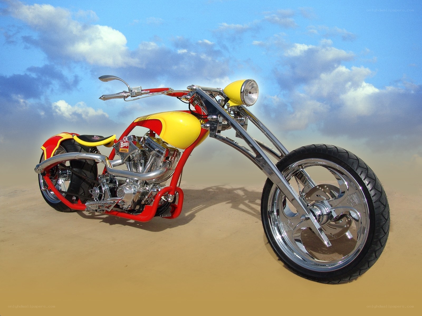 Custom chopper motorcycle in desert