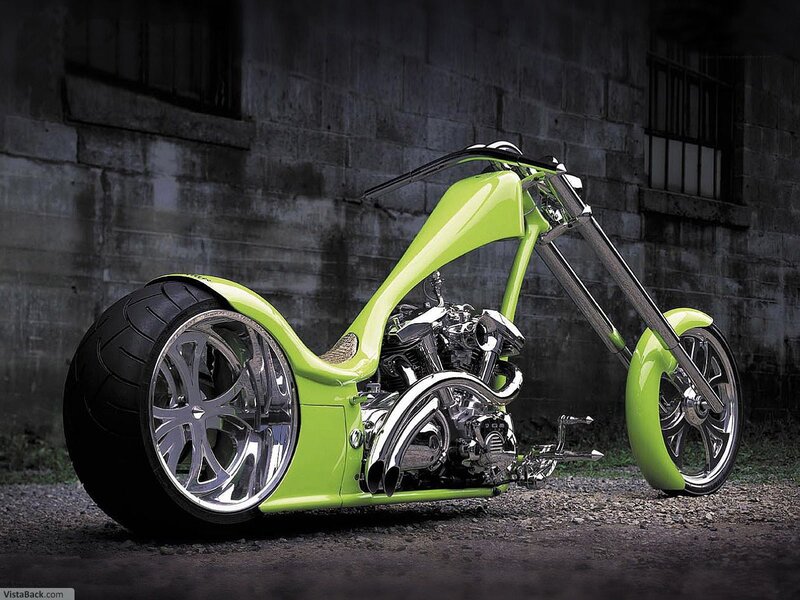 Custom Chopper Motorcycle — Lime Green, Dramatic, Photograph, Concrete Wall