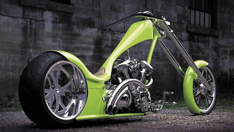 Custom Chopper Motorcycle — Lime Green, Dramatic