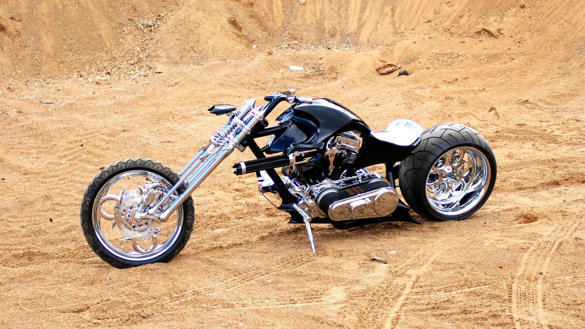 custom chopper motorcycle on sand