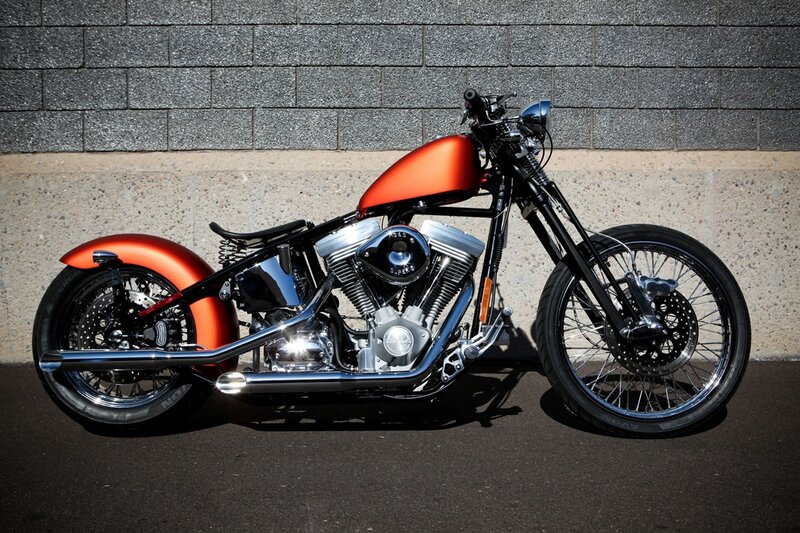 Custom Chopper Motorcycle — Orange, Dramatic, Afternoon