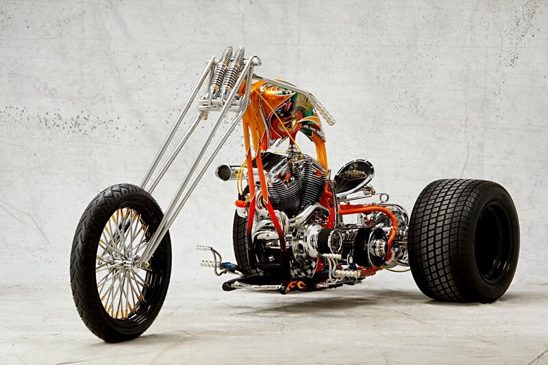 Custom Chopper Motorcycle — Orange, Dramatic, Photograph, Engine