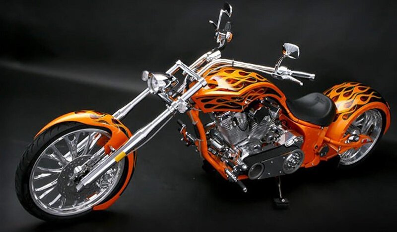 Custom Chopper Motorcycle — Orange, Dramatic, Photograph