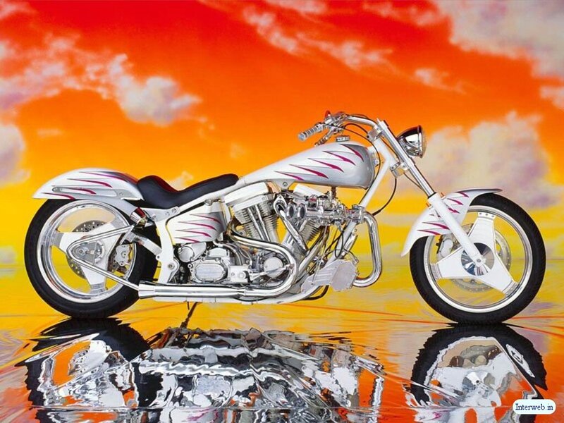Custom Chopper Motorcycle — Orange, Dramatic, Sunset, Digital Art, Reflection, Clouds