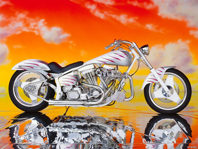 Custom Chopper Motorcycle — Orange, Dramatic, Sunset, Digital Art, Reflection