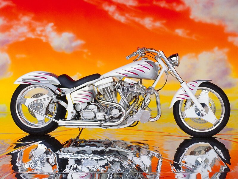 Custom Chopper Motorcycle — Orange, Dramatic, Sunset, Photograph, Reflection, Flames