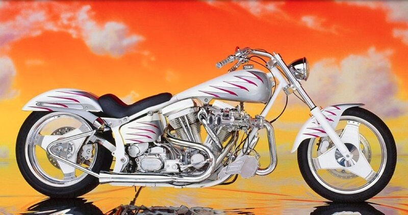 Custom Chopper Motorcycle — Orange, Dramatic, Sunset