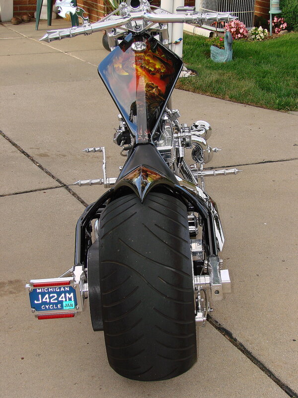 Custom chopper motorcycle rear view
