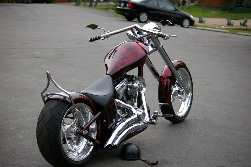 Custom Chopper Motorcycle — Red, Calm, Afternoon, Photograph, Car, Helmet