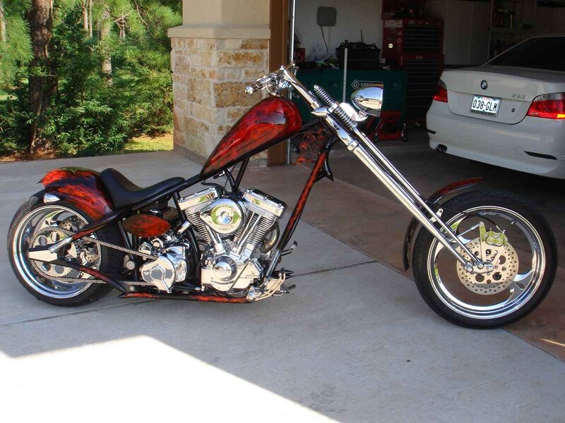 Custom Chopper Motorcycle — Red, Calm, Afternoon, Photograph, Car