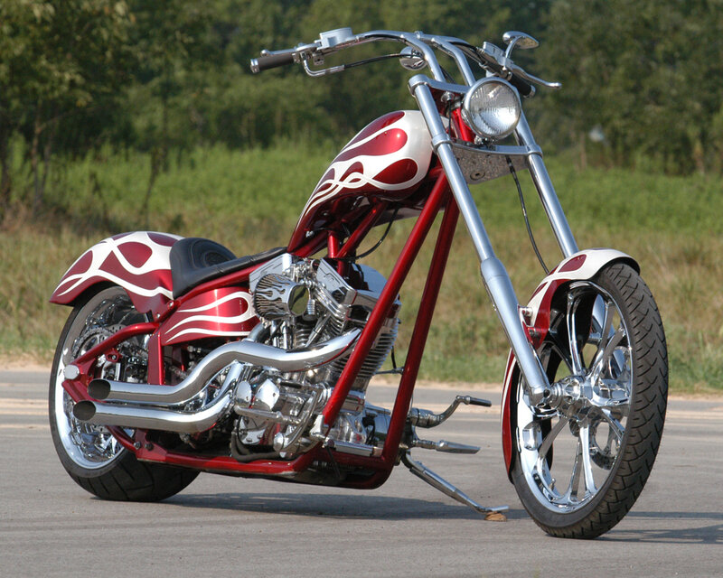 Custom Chopper Motorcycle — Red, Calm, Afternoon, Photograph, Flame Design