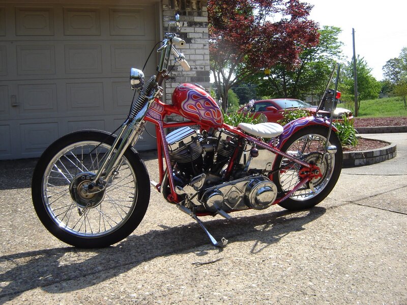 Custom Chopper Motorcycle — Red, Calm, Afternoon, Photograph, Garage Door
