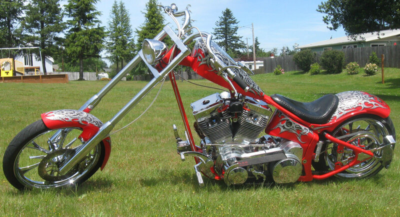 Custom Chopper Motorcycle — Red, Calm, Afternoon, Photograph, Grass