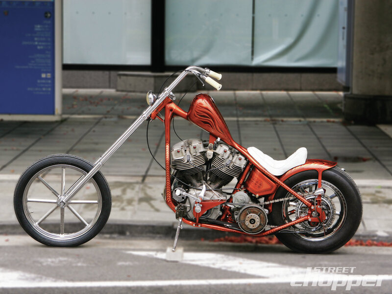 Custom Chopper Motorcycle — Red, Calm, Afternoon