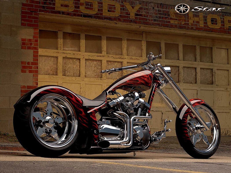 Custom Chopper Motorcycle — Red, Dramatic, Afternoon, Photograph, Brick Wall