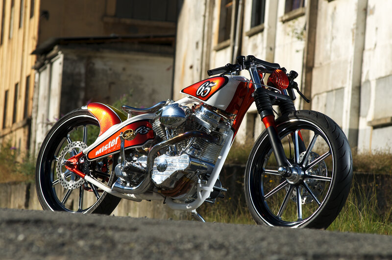 Custom Chopper Motorcycle — Red, Dramatic, Afternoon, Photograph, Building