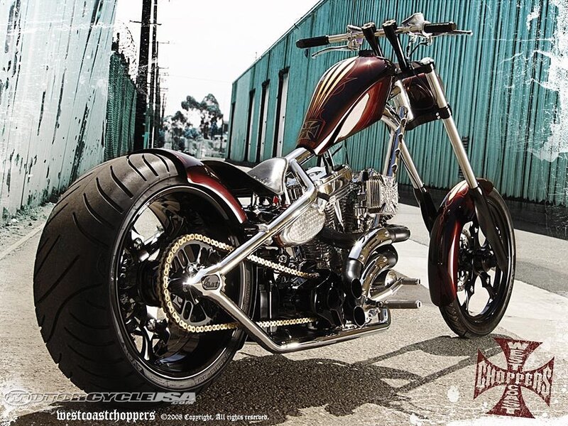 Custom Chopper Motorcycle — Red, Dramatic, Afternoon, Photograph, Building, Tire, Chain