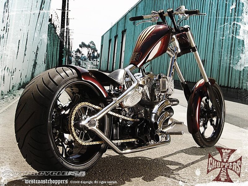 Custom Chopper Motorcycle — Red, Dramatic, Afternoon, Photograph, Building, Tire