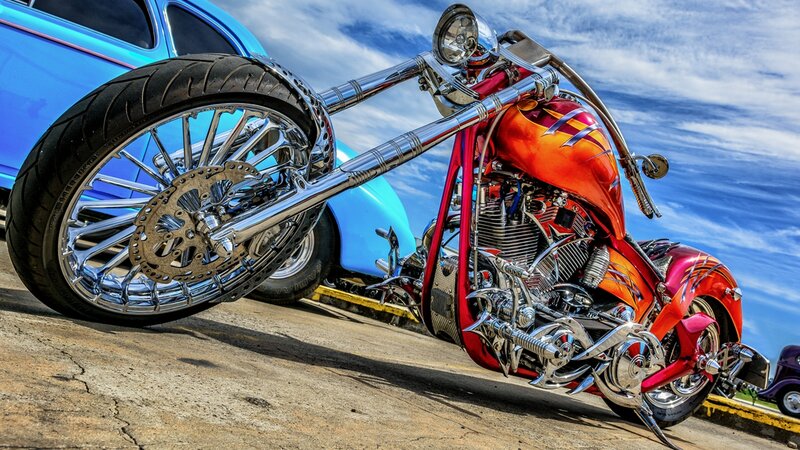 Custom Chopper Motorcycle — Red, Dramatic, Afternoon, Photograph, Car