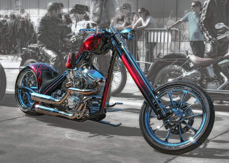Custom Chopper Motorcycle — Red, Dramatic, Afternoon, Photograph, Crowd
