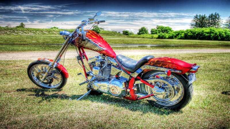 Custom Chopper Motorcycle — Red, Dramatic, Afternoon, Photograph, Grass Field