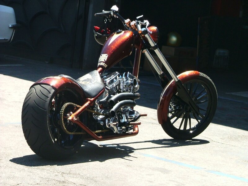 Custom Chopper Motorcycle — Red, Dramatic, Afternoon, Photograph, Helmet